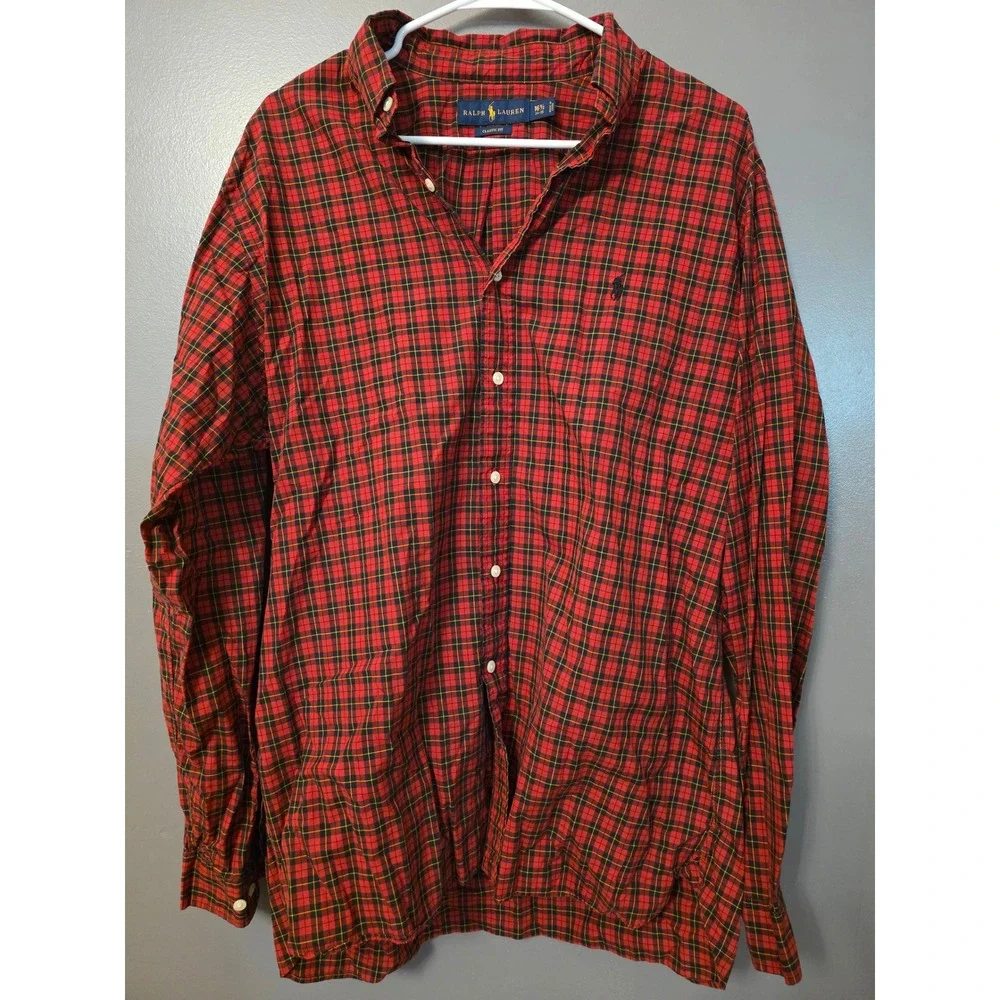Ralph Lauren Mens Classic Fit Plaid Button Down Shirt Red Black 16.5 34-35